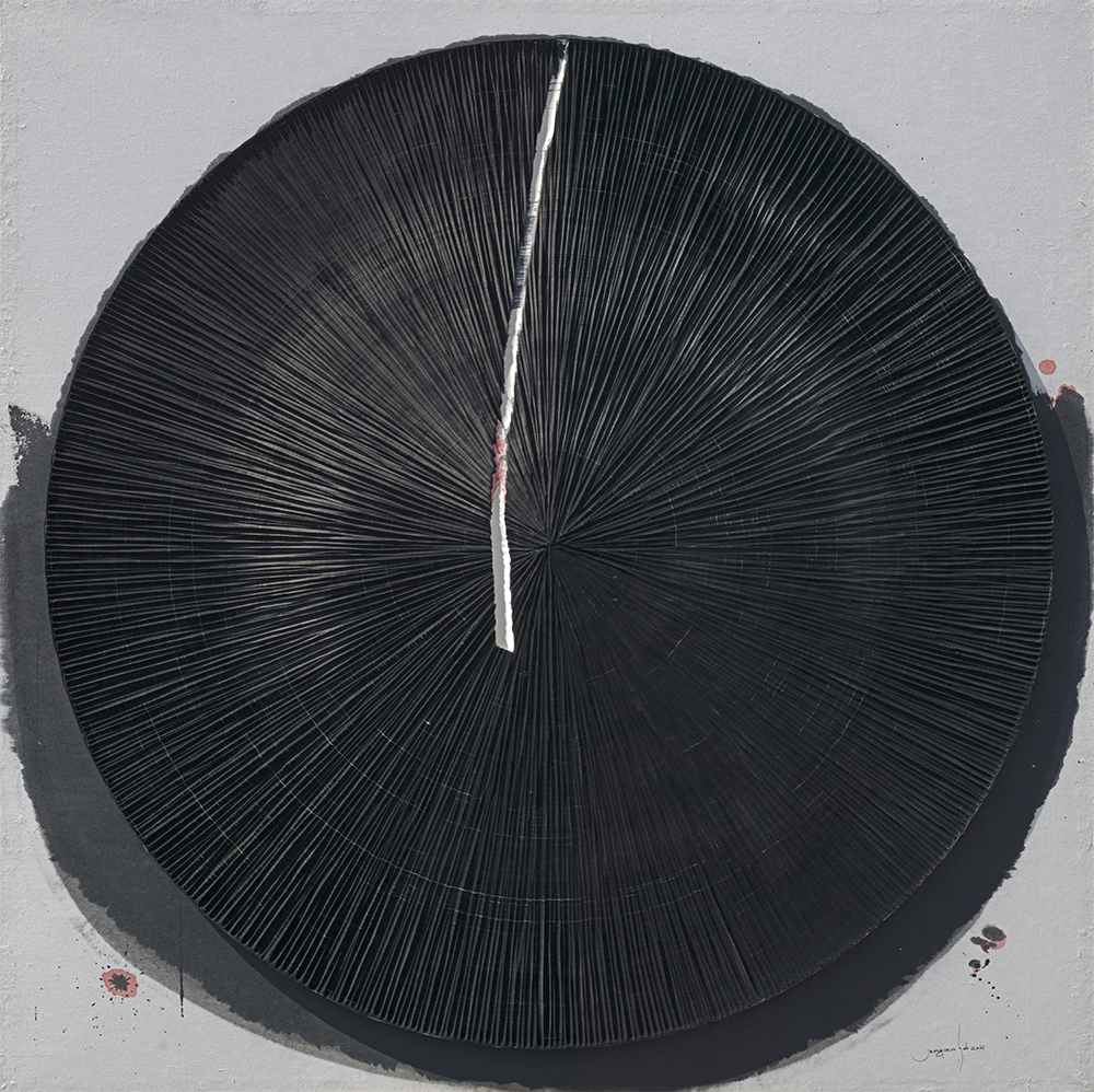 A photo of a round art work, composed of three dimensional black lines by artist Jeong Min Suh, entitled "Line 33"