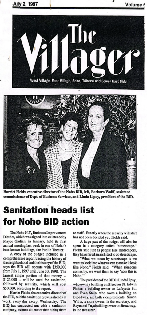 An article from the Villager entitled "Sanitation heads list for Noho BID action" along with accompanying text and an image of three women posing. 